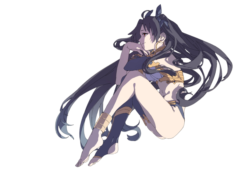 ankle_cuffs, ass, bare_legs, barefoot, black_hair, bow, curvy, earrings