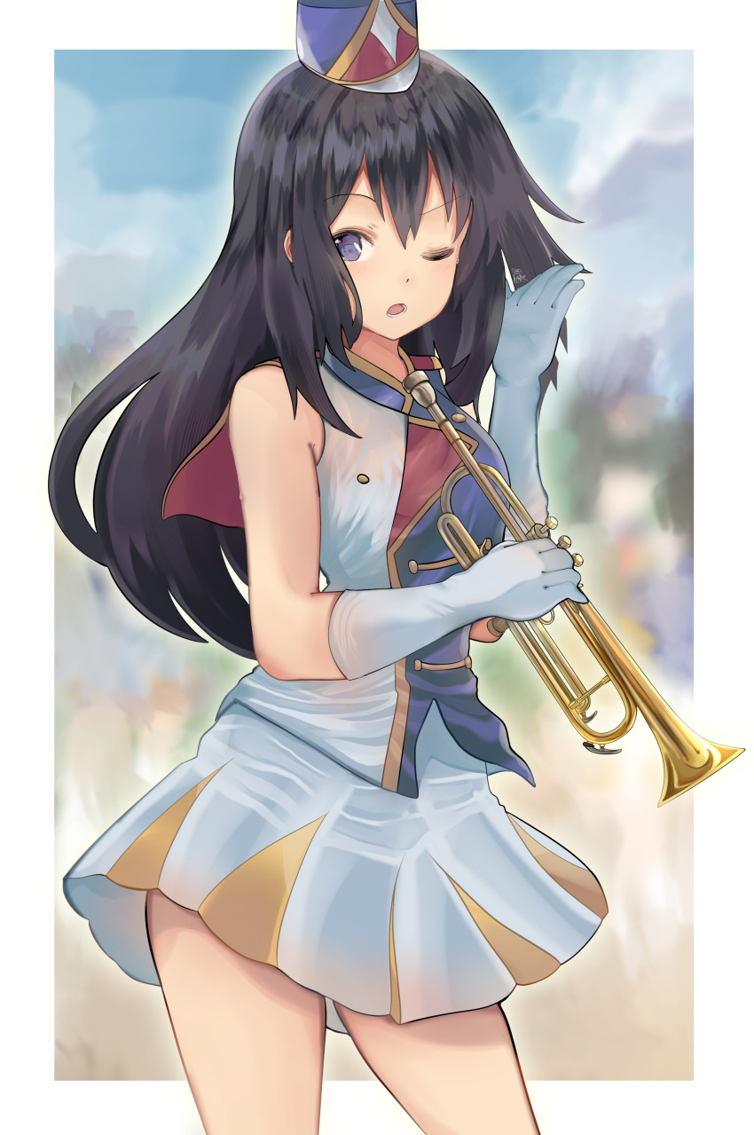 1girl, ;o, absurdres, band_uniform, black_hair, border, breasts, cowboy_shot