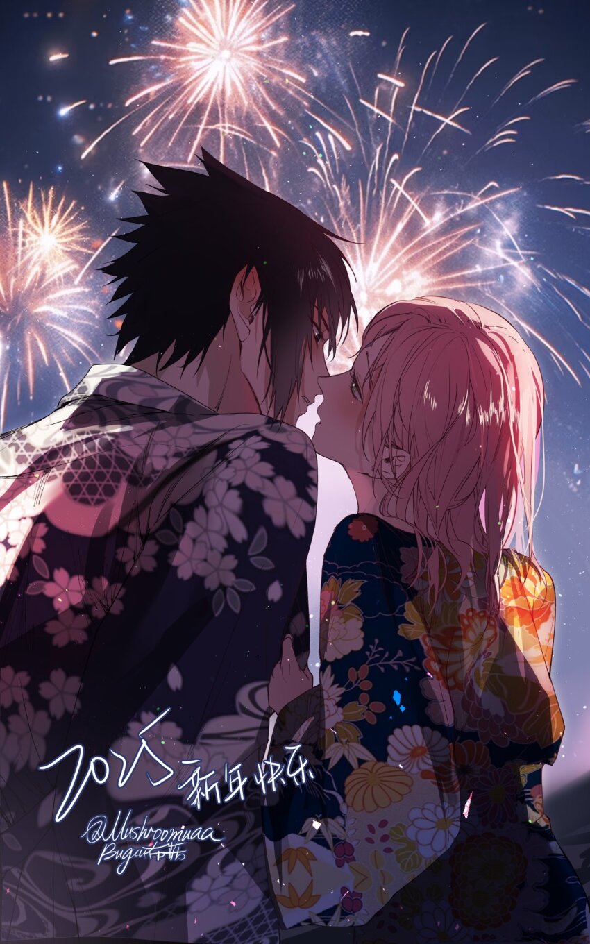 1boy, 1girl, aerial_fireworks, black_eyes, black_hair, blush, eye_contact, fireworks