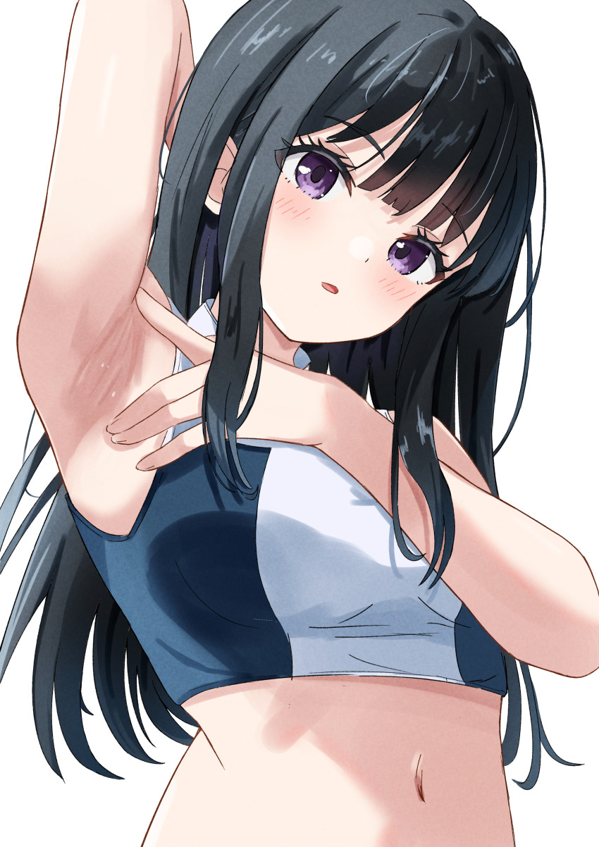 1girl, absurdres, arm_up, armpits, azakura_(beniyomogi), black_hair, blush, commentary, crop_top, highres, inoue_takina, long_hair, looking_at_viewer, lycoris_recoil, navel, open_mouth, presenting_armpit, purple_eyes, sidelocks, simple_background, solo, spread_armpit, upper_body, white_background