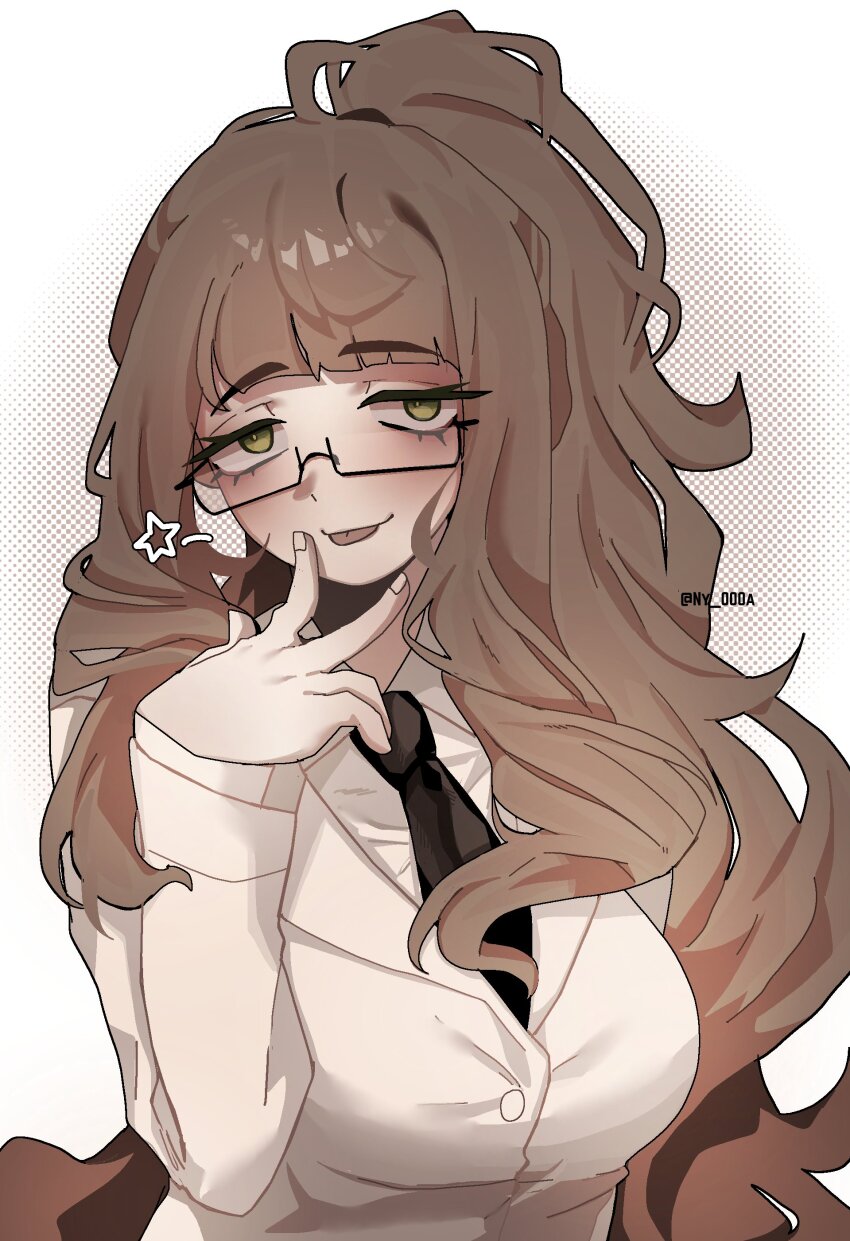 1girl, :p, absurdres, black_necktie, brown_hair, closed_mouth, collared_shirt, glasses