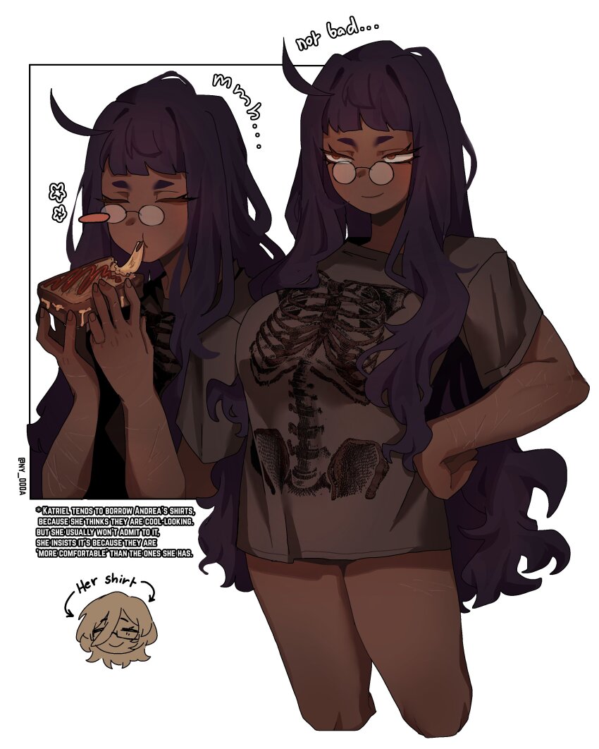 2girls, absurdres, ahoge, andrea_(ny_000a), blush_stickers, borrowed_clothes, breasts, brown_shirt, cheese, cheese_trail, closed_mouth, dark-skinned_female, dark_skin, english_text, food, glasses, grilled_cheese, highres, katriel_(project_moon), large_breasts, library_of_ruina, long_hair, multiple_girls, ny_000a, orange_eyes, original, pince-nez, project_moon, purple_eyes, purple_hair, shirt, short_sleeves, sidelocks, simple_background, single_blush_sticker, skeleton_print, smile, t-shirt, very_long_hair, wavy_hair, white_background