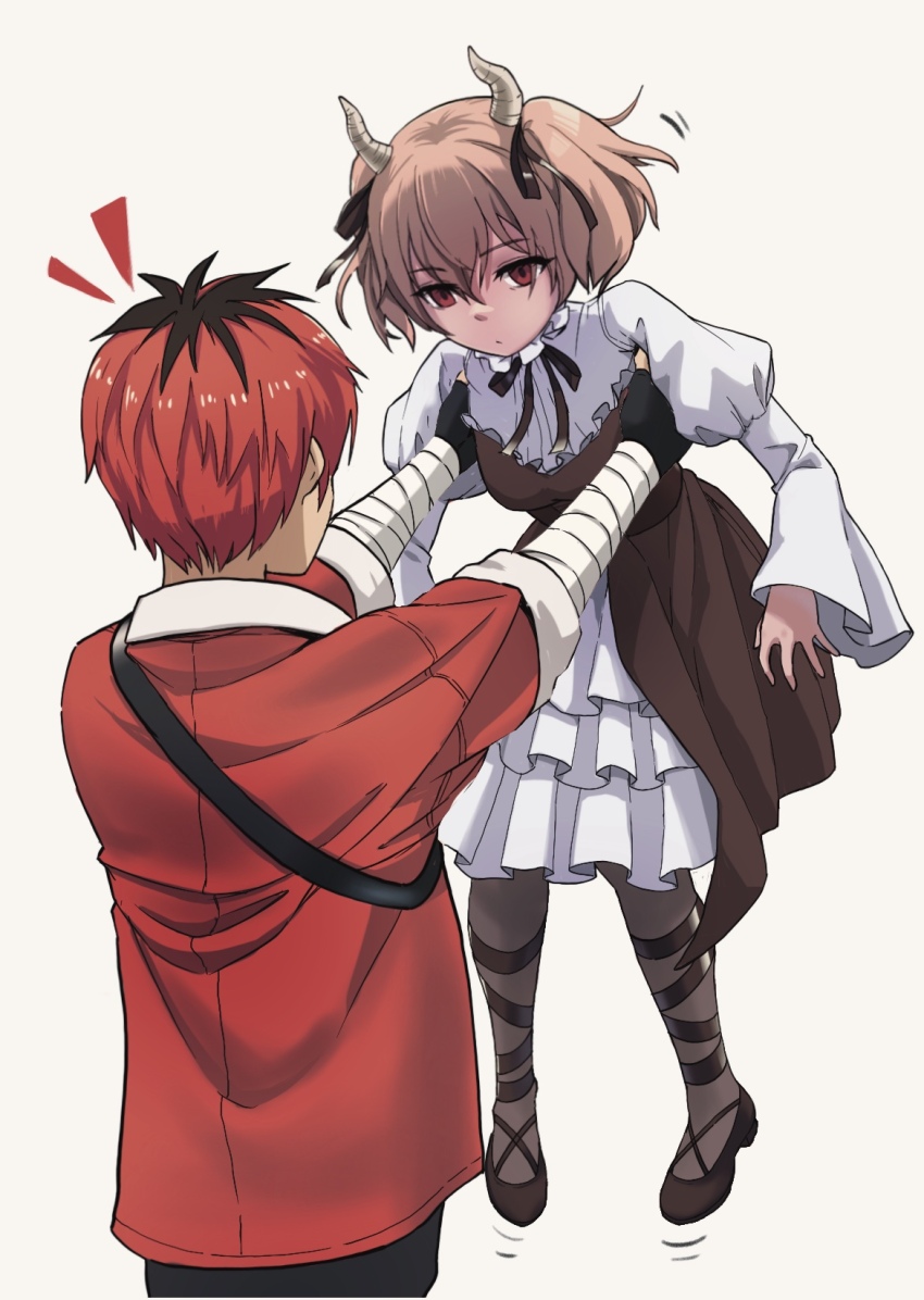 1boy, 1girl, black_hair, breasts, brown_background, brown_corset, brown_dress, brown_hair, brown_ribbon, brown_shoes, closed_mouth, commentary_request, corset, demon_girl, demon_horns, dress, hair_ribbon, highres, horns, lifting_person, linie_(sousou_no_frieren), long_sleeves, looking_at_another, michael49755, multicolored_hair, red_eyes, red_hair, ribbon, shirt, shoes, short_hair, simple_background, sousou_no_frieren, stark_(sousou_no_frieren), twintails, unamused, white_shirt