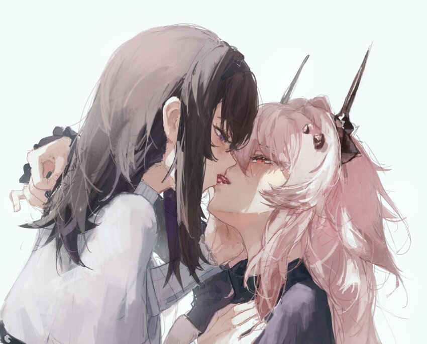 2girls, absurdres, arknights, black-framed_eyewear, black_hair, commentary, english_commentary, eye_contact