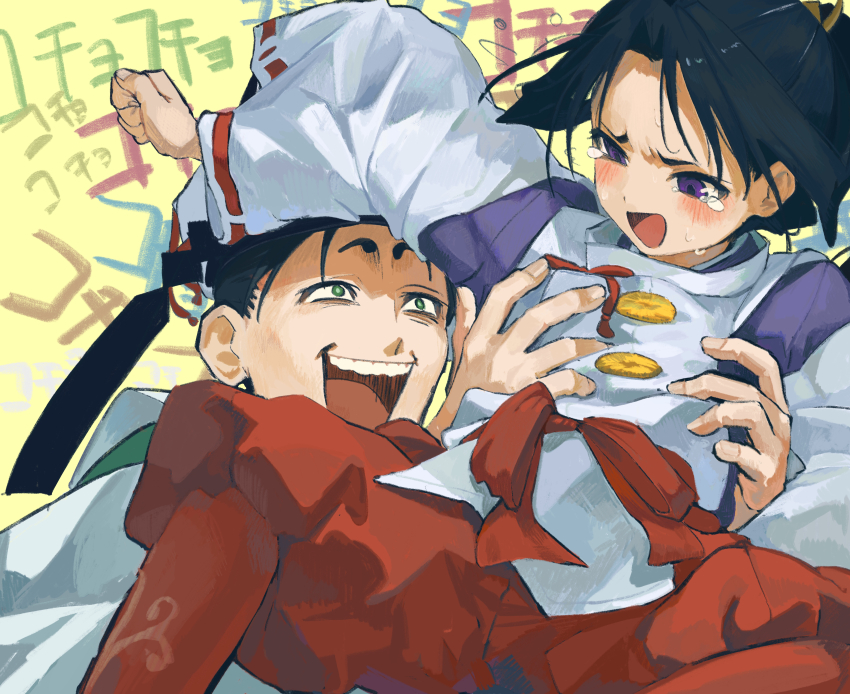 2boys, :d, absurdres, black_hair, blush, clenched_hand, constricted_pupils, crazy_smile