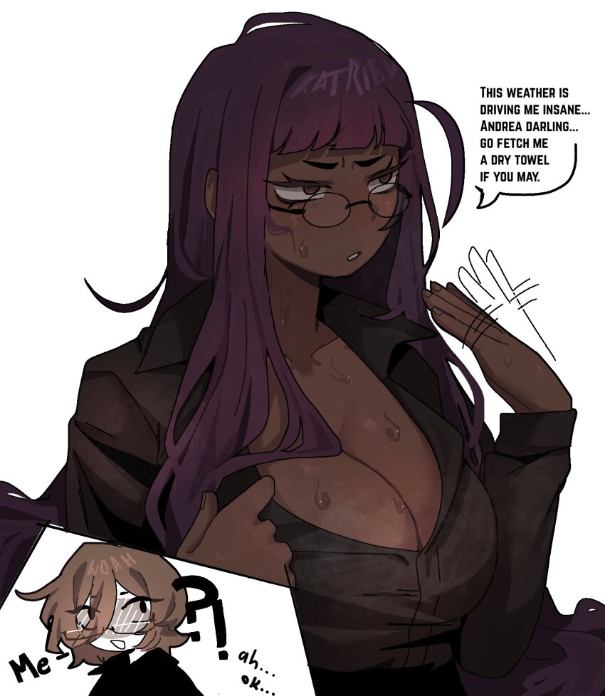 2girls, andrea_(ny_000a), black_shirt, breasts, brown_eyes, brown_hair, cleavage, collared_shirt, dark-skinned_female, dark_skin, english_text, fanning_self, glasses, highres, katriel_(project_moon), large_breasts, library_of_ruina, long_hair, long_sleeves, multiple_girls, ny_000a, oc_x_canon, original, project_moon, purple_hair, shirt, short_bangs, short_hair, sidelocks, simple_background, sweat, very_long_hair, white_background, yuri