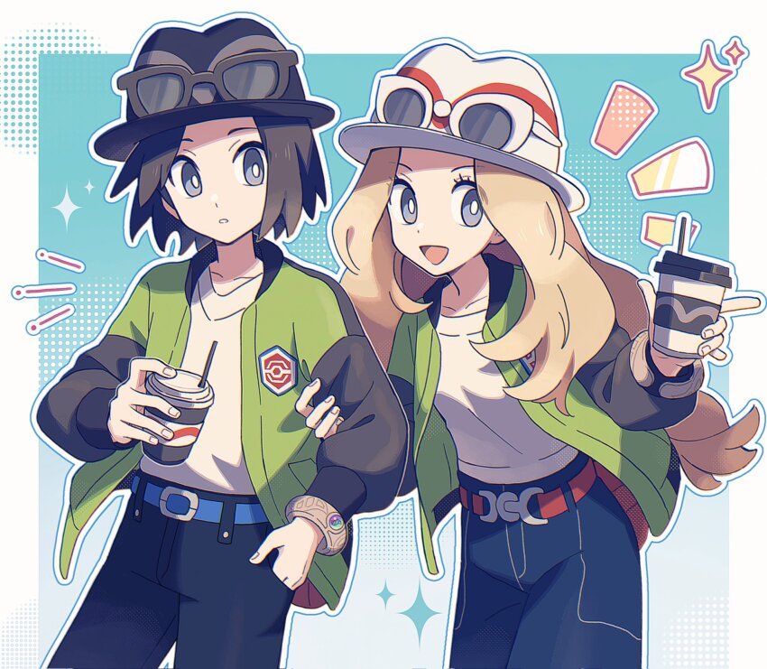 black_hair, calem_(pokemon), choco-reto_(xusagix), cosplay, cowboy_shot, cup, disposable_cup, eyewear_on_headwear