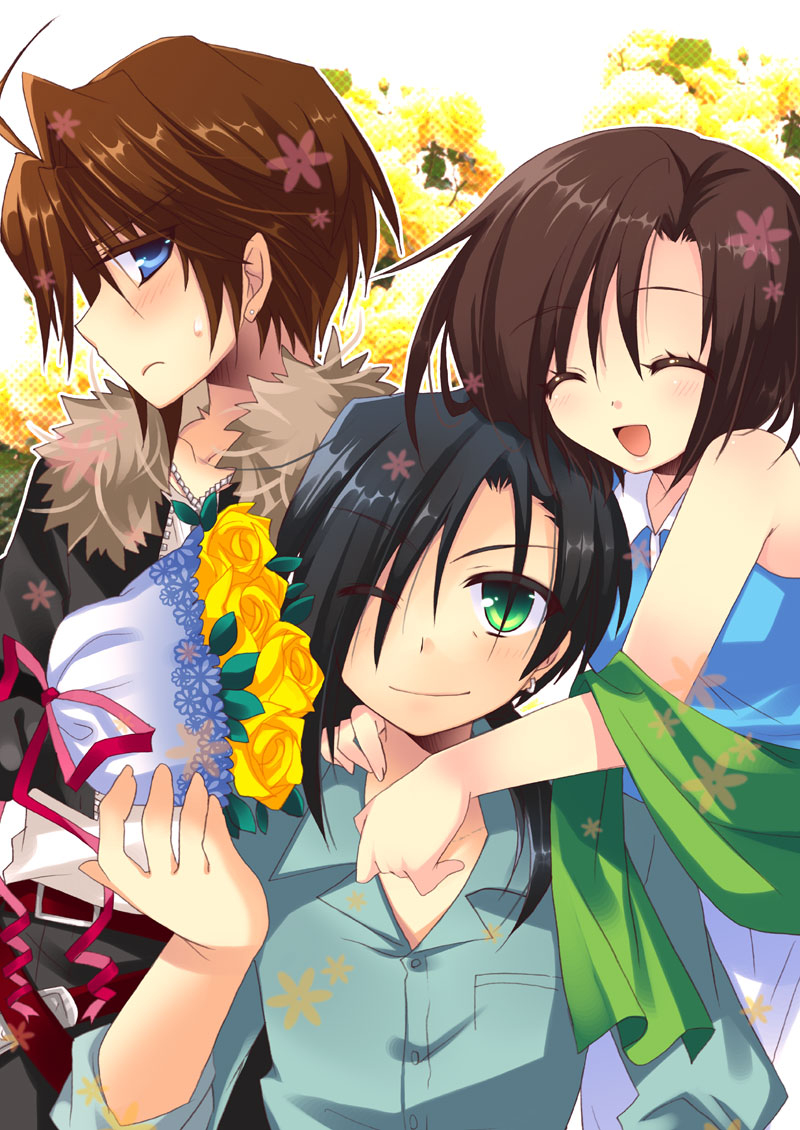 1990s_(style), 2boys, age_difference, bad_id, bad_pixiv_id, blue_eyes, bouquet, closed_eyes