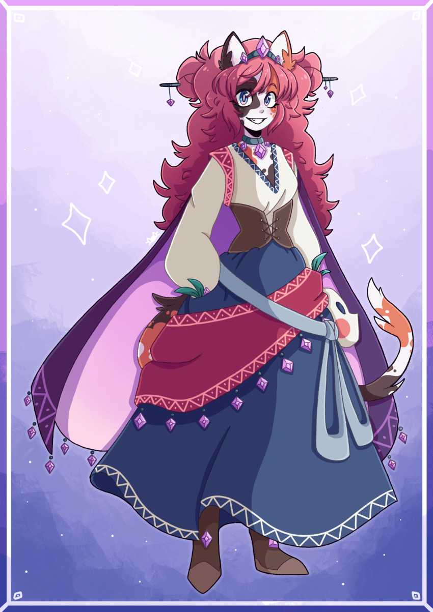 1girl, animal_ears, blue_eyes, blue_skirt, boots, brown_boots, brown_corset, calico_(pattern)