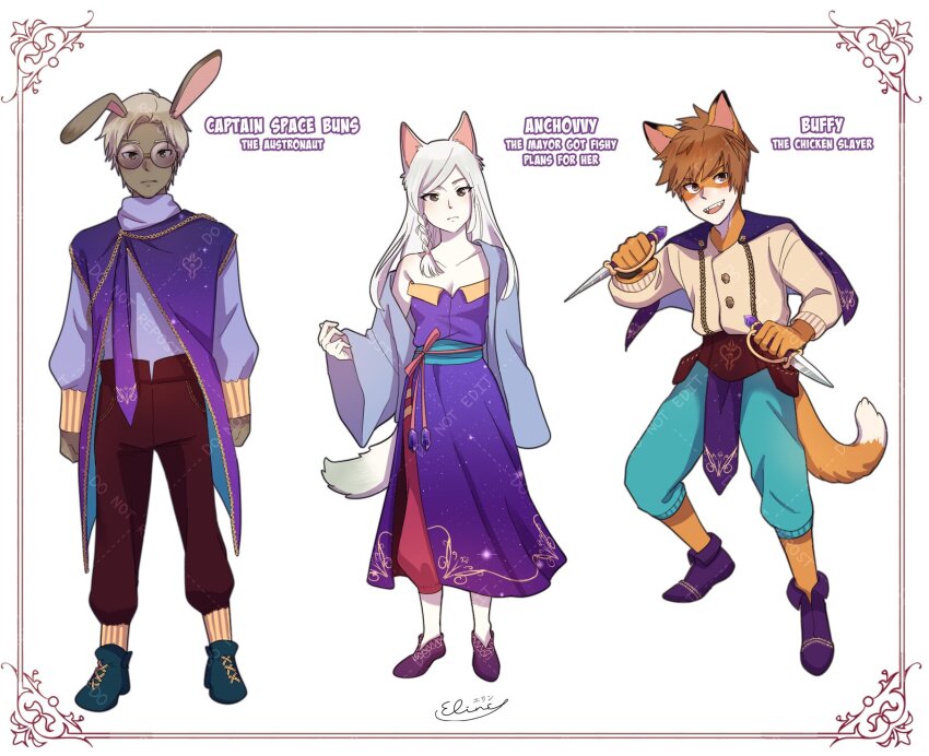 1girl, 2boys, anchovy_(empires_smp), animal_ears, blonde_hair, breasts, buffy_(empires_smp), captain_space_buns