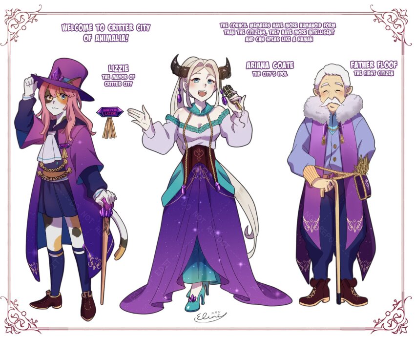 1boy, 2girls, alternate_costume, animal_ears, animification, aqua_shoes, ariana_goate, ascot, blue_socks, breasts, brown_shoes, calico_(pattern), cane, cat_ears, cat_girl, cleavage, coat, colored_skin, commentary, dress, elineyuhu, empires_smp, english_commentary, english_text, facial_hair, fantasy, fashion, father_floof, formal_clothes, full_body, fur_trim, goat_girl, goat_horns, hat, heterochromia, high_heels, highres, holding, holding_cane, horns, ldshadowlady, ldshadowlady_(animalia), long_hair, minecraft_youtube, multiple_girls, mustache, old, old_man, pale_skin, personification, pink_hair, purple_coat, purple_hat, shoes, short_hair, simple_background, socks, staff, standing, top_hat, very_long_hair, white_ascot, white_background, white_hair