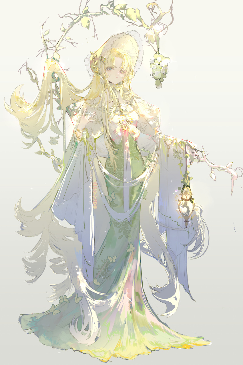 1girl, absurdres, blonde_hair, blue_eyes, bonnet, branch, closed_mouth, dongsen_xuntu