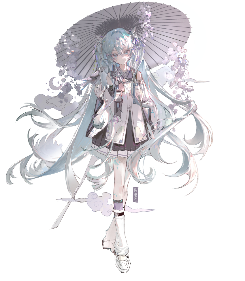 1girl, absurdres, black_skirt, blue_eyes, blue_hair, detached_sleeves, dongsen_xuntu, flower, full_body, hair_ornament, hatsune_miku, highres, holding, holding_umbrella, long_hair, looking_at_viewer, oil-paper_umbrella, original, pleated_skirt, simple_background, skirt, socks, solo, standing, twintails, umbrella, very_long_hair, white_background