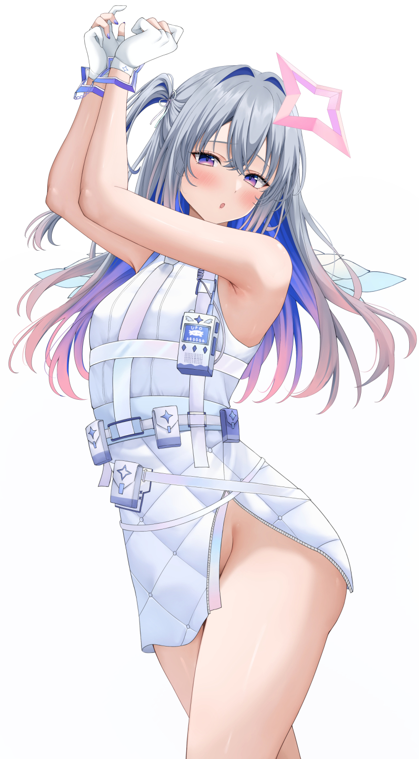 1girl, absurdres, amane_kanata, amane_kanata_(heavenly_guard_mission), angel_wings, arms_up, belt_pouch, blue_hair