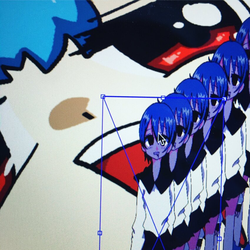 1990s_(style), 1girl, 7aka_tko, blue_hair, clone, collared_shirt, cursor, highres