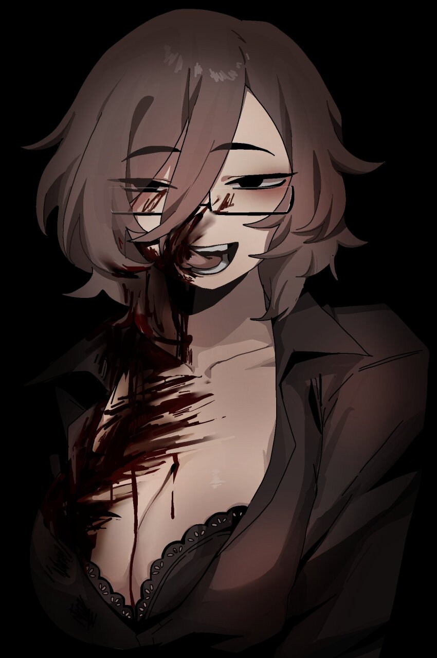 1girl, andrea_(ny_000a), black_background, black_bra, black_eyes, black_shirt, blood, blood_on_body