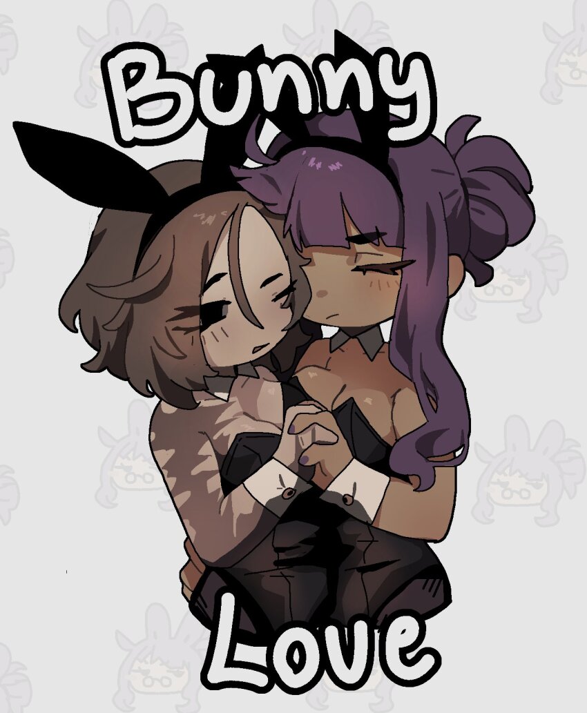 2girls, andrea_(ny_000a), animal_ears, black_hairband, black_leotard, blush, brown_hair, closed_eyes