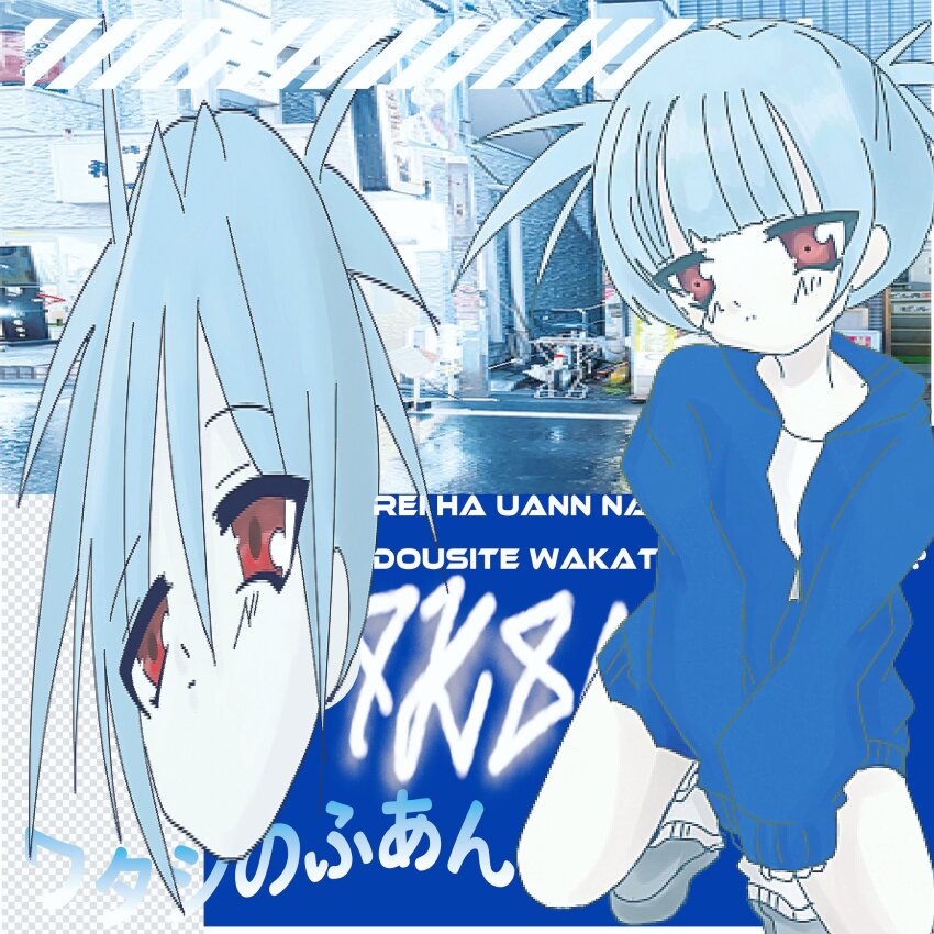 1990s_(style), 1girl, 7aka_tko, acid_graphics, blue_hair, blue_hoodie, blunt_bangs, checkered_background