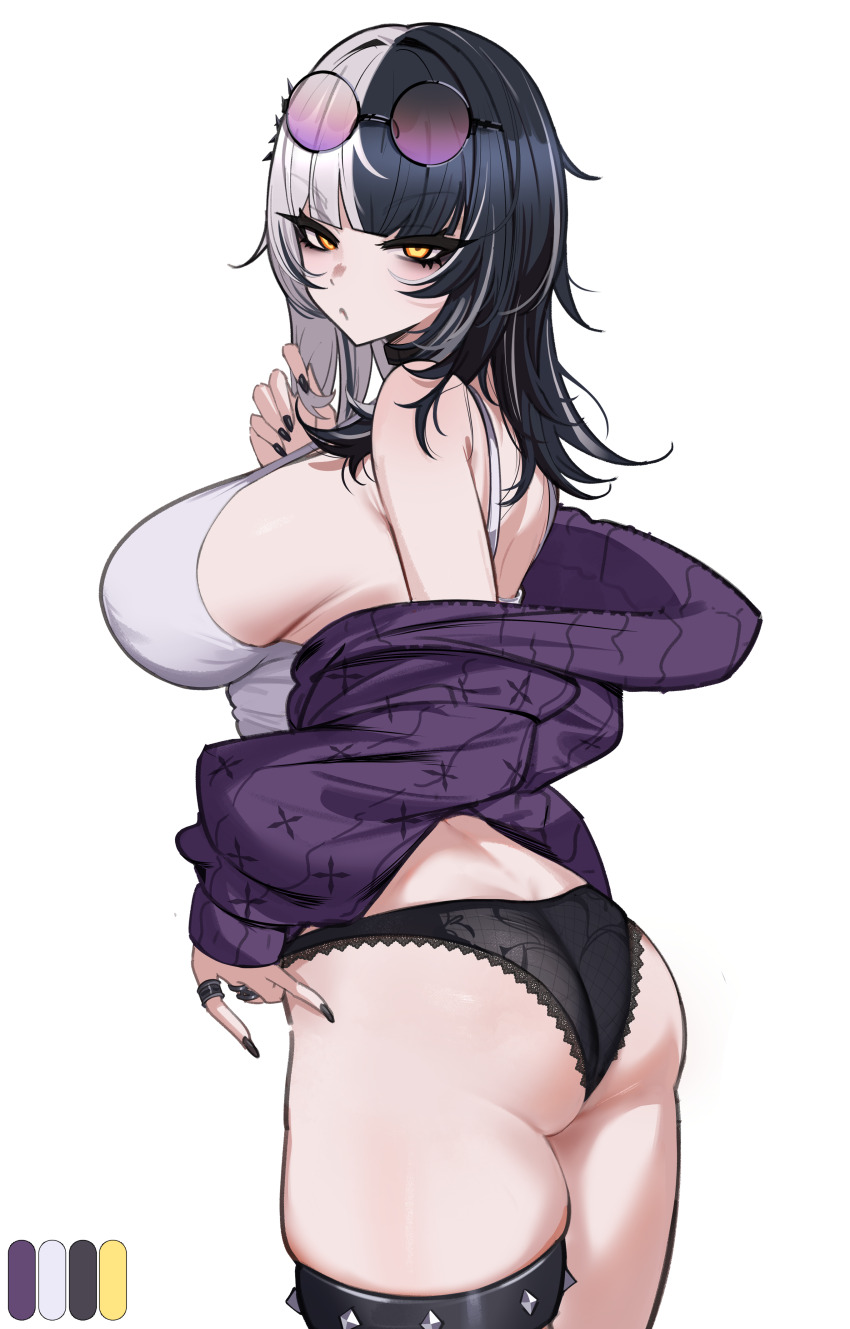 1girl, absurdres, ass, back, bare_shoulders, black-framed_eyewear, black_eyeshadow, black_hair