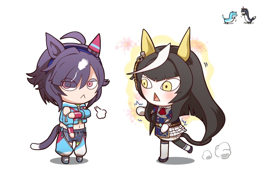 2girls, :<, ^^^, ahoge, almond_eyes, alternate_tail, animal_ears, ascot