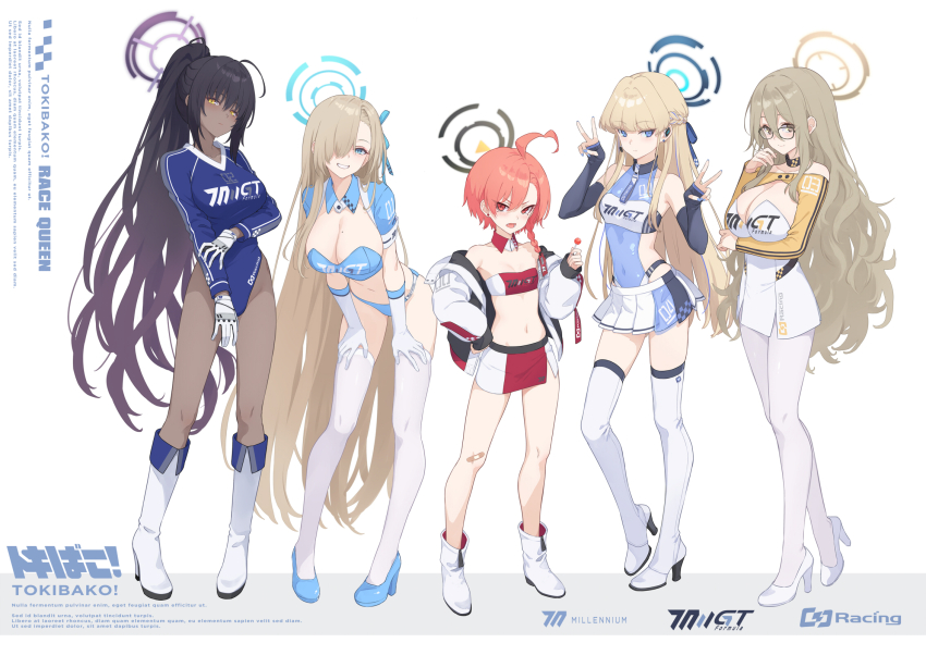 5girls, ahoge, akane_(blue_archive), alternate_costume, arm_under_breasts, asuna_(blue_archive), asymmetrical_bangs, bare_shoulders