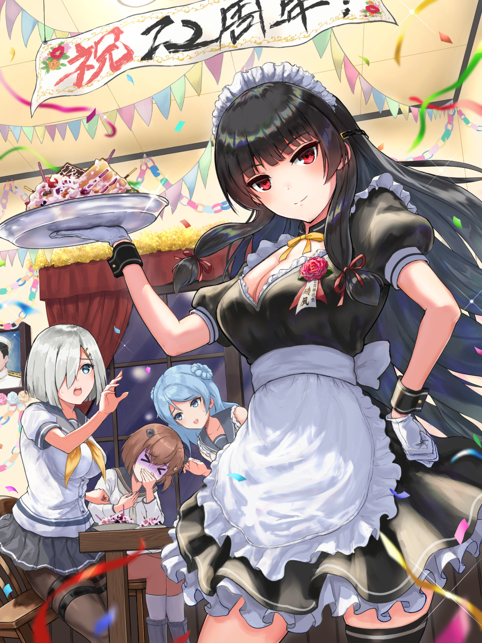 4girls, alternate_costume, anniversary, apron, bad_food, black_dress, black_hair, blue_eyes
