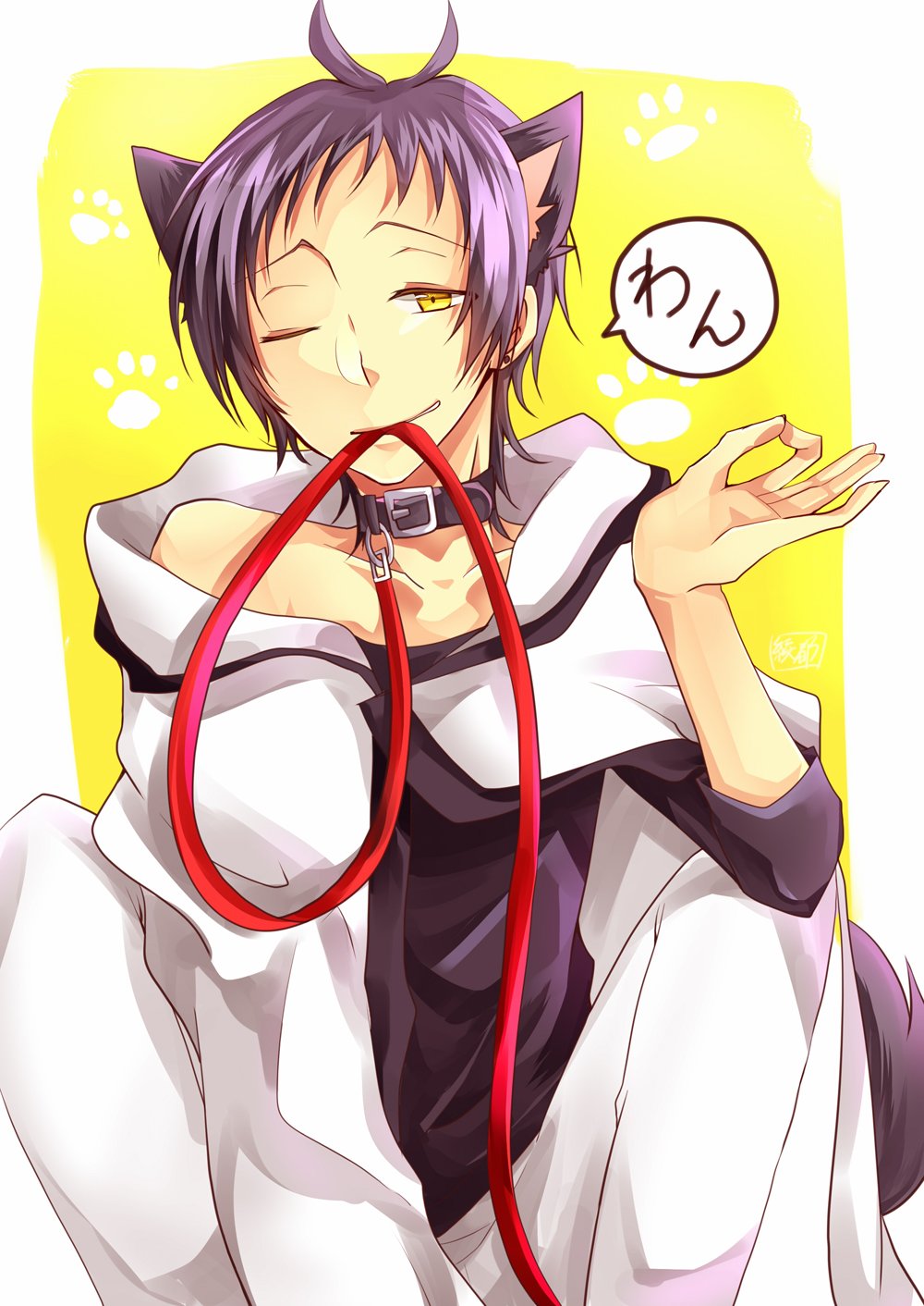 1boy, animal_ears, antenna_hair, aya10_002, black_hair, cape, cat_ears, choker, highres, kamiya_tsurugi, male_focus, one_eye_closed, servamp, short_hair, yellow_eyes