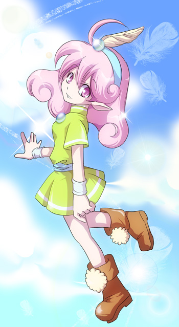 1girl, aya_tsudi, bad_id, bad_pixiv_id, boots, curly_hair, day, feathers