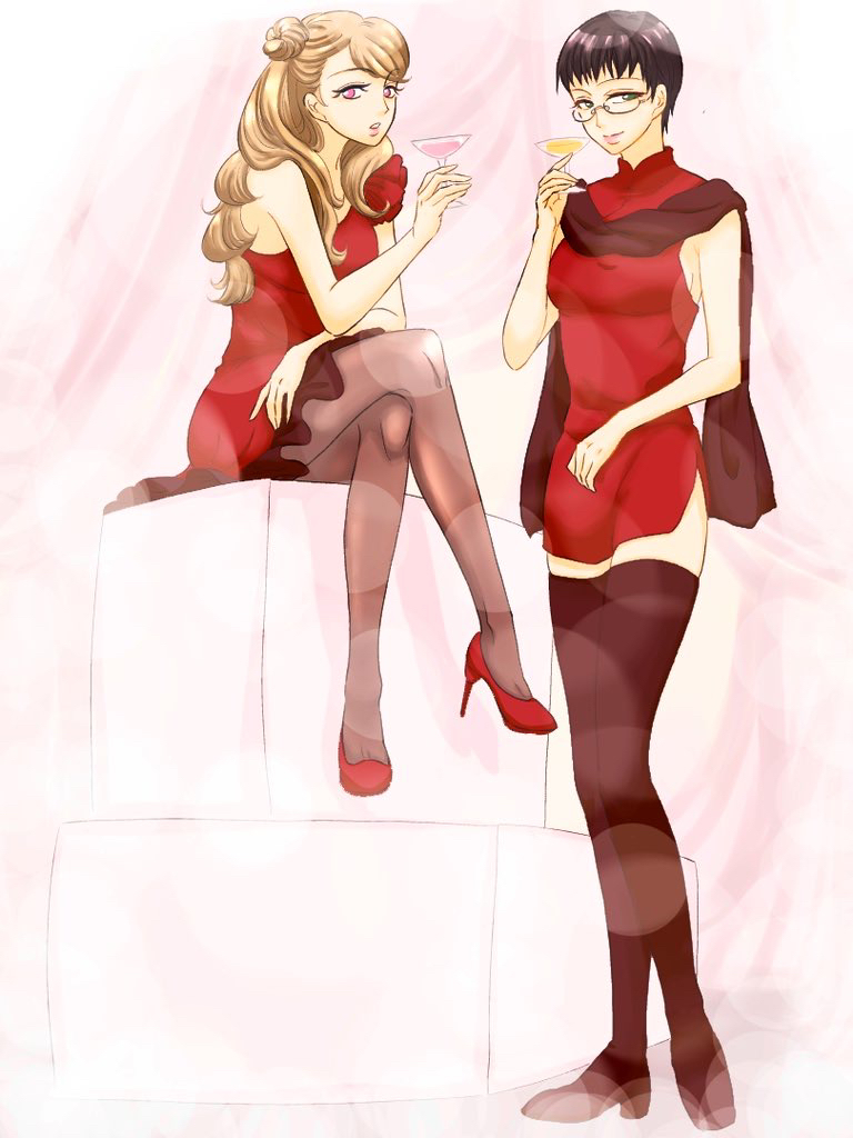 2girls, arisawa_shiho, black_hair, black_scarf, black_thighhighs, breasts, brown_eyes, brown_hair, brown_pantyhose, cocktail_glass, crossed_legs, cup, dress, drink, drinking_glass, glasses, high_heels, holding, holding_drink, long_legs, multiple_girls, nokocut_(zonotan), pantyhose, red_dress, red_shoes, scarf, shoes, short_hair, sitting, small_breasts, standing, sudou_mizuki, thighhighs, tokimeki_memorial, tokimeki_memorial_girl's_side, very_short_hair