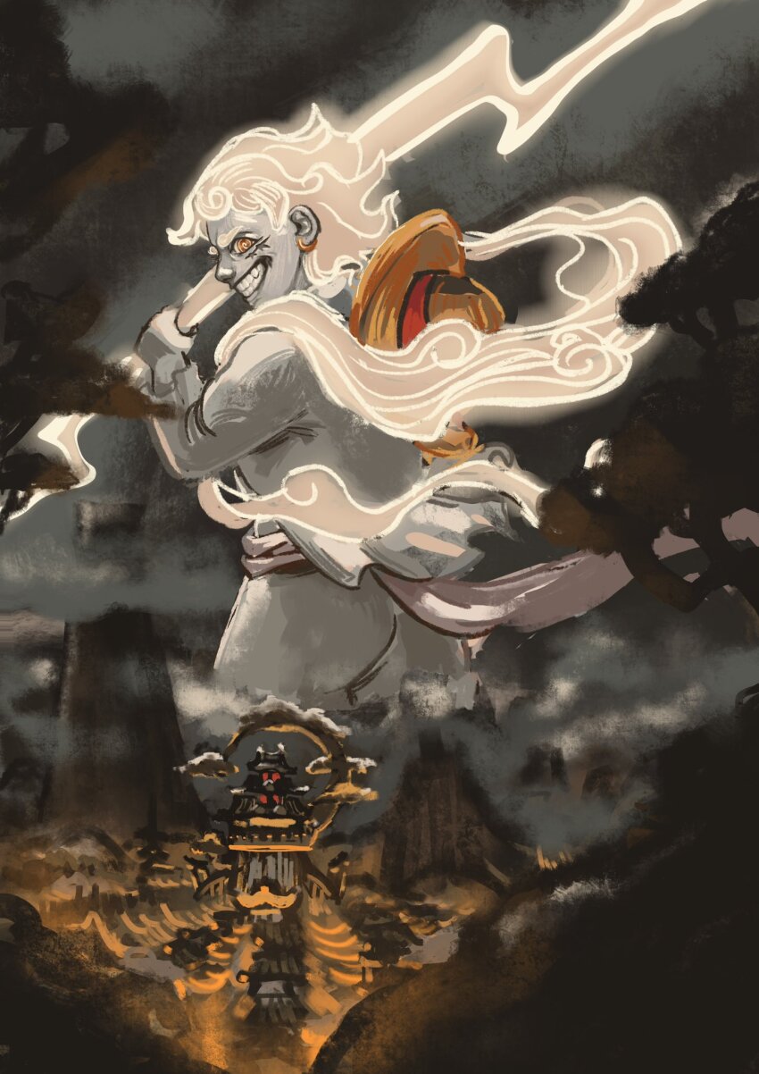 1boy, castle, commentary, earrings, english_commentary, gear_fifth, giant, hat