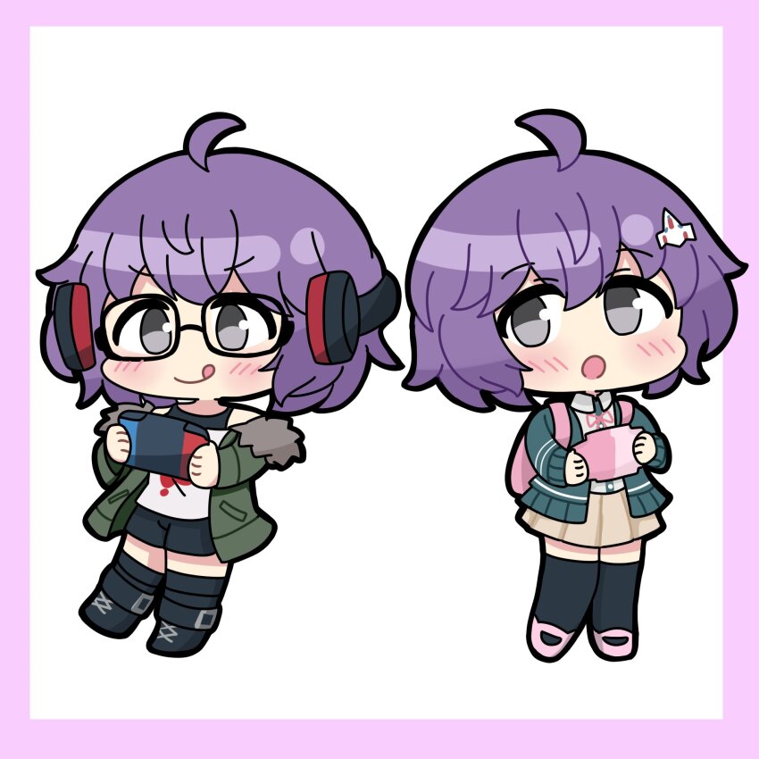 1girl, ahoge, bag, behind-the-head_headphones, bernadetta_von_varley, black-framed_eyewear, blush, chibi