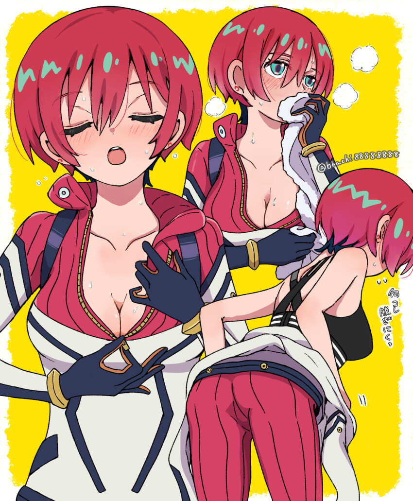 1girl, amate_yuzuriha, ass, bhachi88888888, black_sports_bra, blush, bodysuit, bodysuit_pull