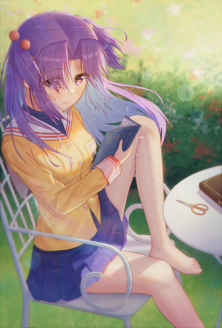 1girl, absurdres, barefoot, blue_skirt, blush, book, chair, clannad