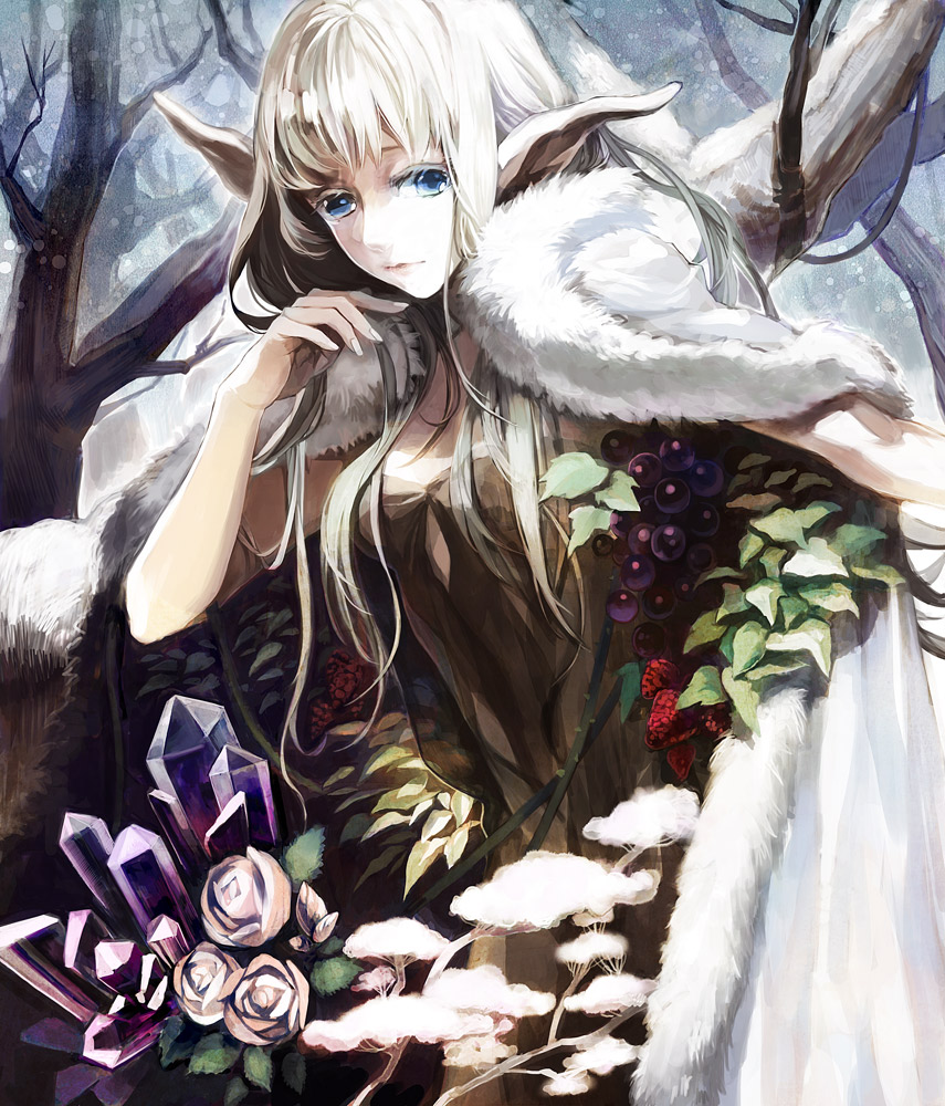 1girl, blue_eyes, breasts, cape, crystal, dress, elf, female_focus, flower, food, forest, fruit, fur, grapes, leaf, lips, long_hair, madoi_shiro, nature, original, outdoors, plant, pointy_ears, rose, snow, solo, strawberry, thorns, tree, white_hair, winter