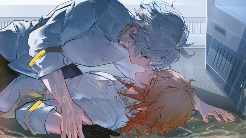 2boys, antenna_hair, black_gloves, black_pants, blonde_hair, blue_eyes, braid, buttons