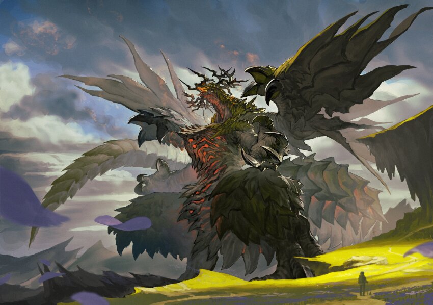 absurdres, claws, dragon, dragon_tail, dragon_wings, fantasy, full_body, giant, giant_monster, highres, horns, monster, monster_focus, open_mouth, original, scales, shimashima_(shimashima_4444), tail, western_dragon, wings