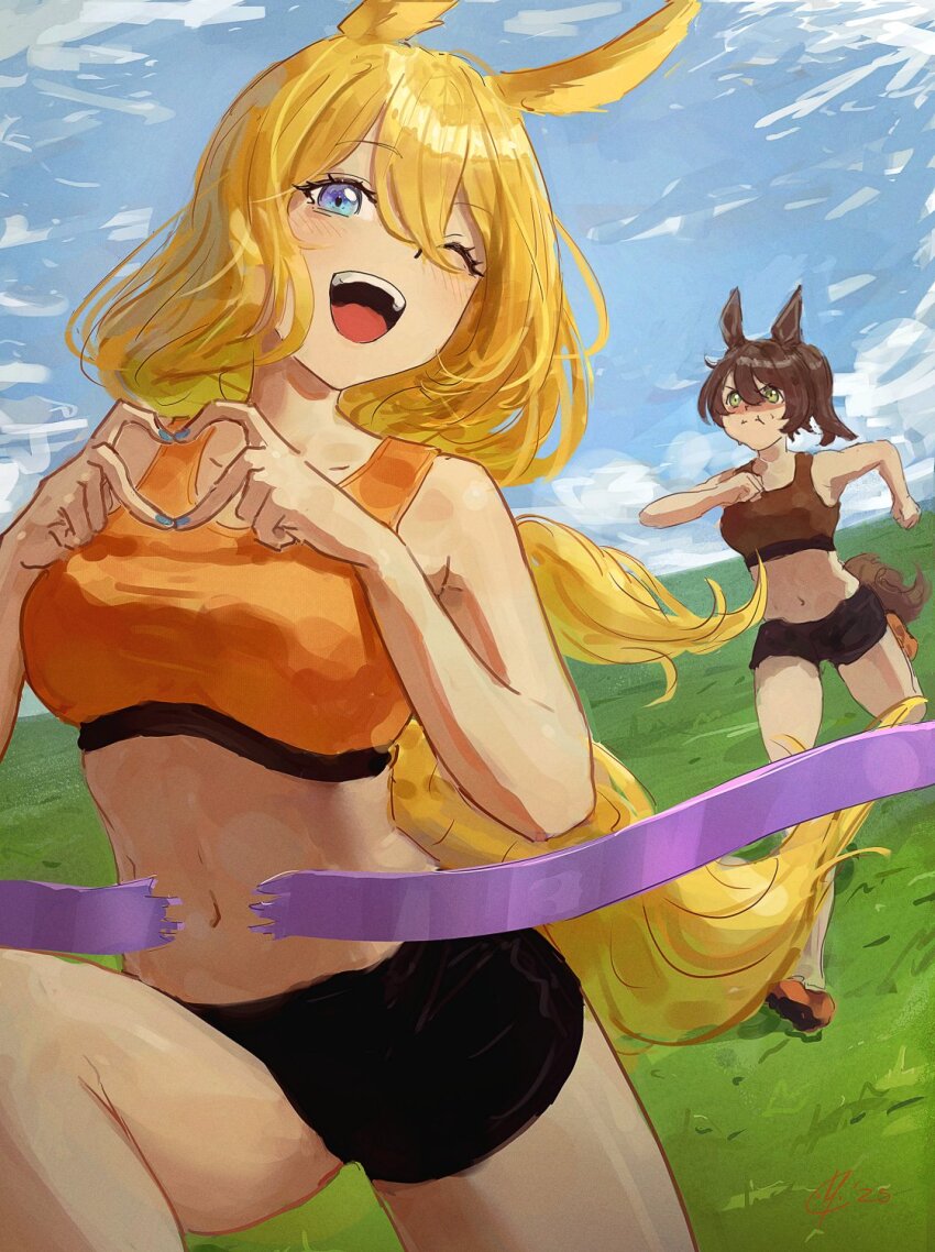 2girls, animal_ears, black_shorts, blonde_hair, blue_eyes, blue_nails, blue_sky, blush, breasts, brown_hair, brown_sports_bra, cloud, commentary, door_knob_(horse_race_tests), english_commentary, finger_heart, finish_line, grass, green_eyes, highres, horse_ears, horse_girl, horse_race_tests, horse_tail, jovial_merryment, leg_up, long_hair, looking_at_viewer, mocomiliano, multiple_girls, navel, one_eye_closed, open_mouth, orange_sports_bra, pout, running, short_hair, short_shorts, shorts, sky, sports_bra, tail, teeth, upper_teeth_only