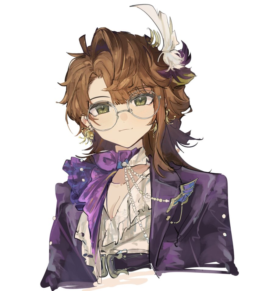 1girl, breasts, brown_hair, cleavage, coat, cropped_torso, earrings, feather_hair_ornament