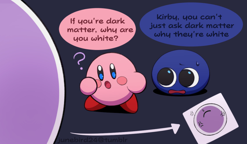 ?, anger_vein, arrow_(symbol), blue_skin, blush_stickers, closed_eyes, colored_skin, gooey_(kirby)