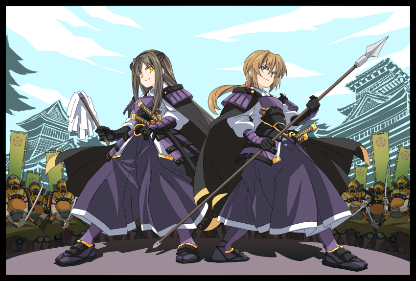 2girls, architecture, armor, army, back-to-back, bad_id, bad_pixiv_id, banzai_nekomimi