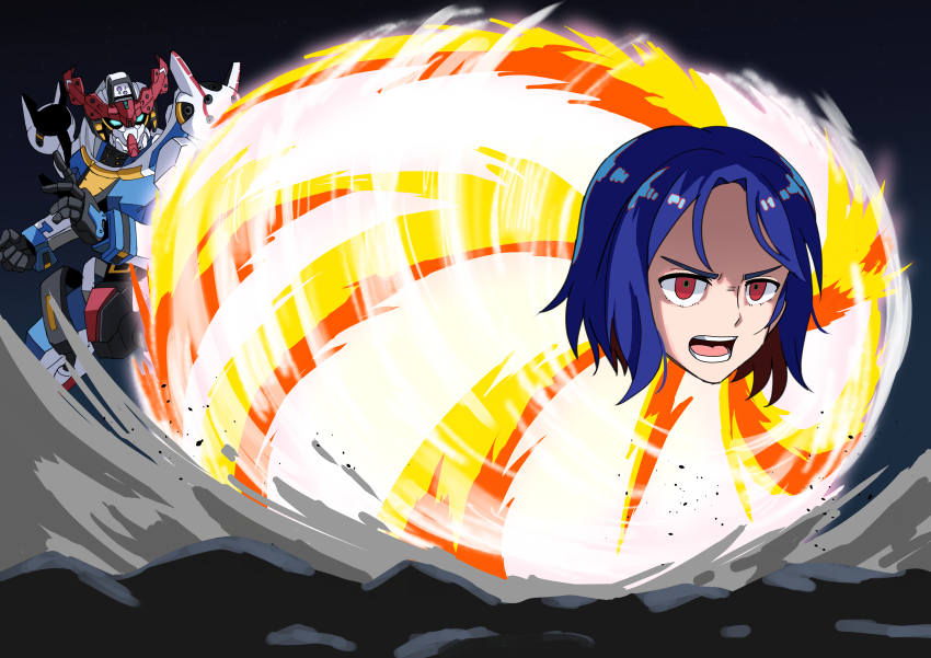 1boy, absurdres, blue_hair, choukyuu_haou_den'eidan, commentary_request, g_gundam, glowing, gquuuuuux