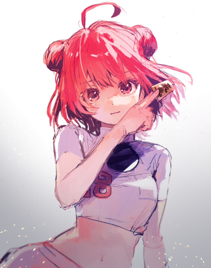 1girl, acchi_ai, ahoge, blush, closed_mouth, crop_top, double_bun, grey_background