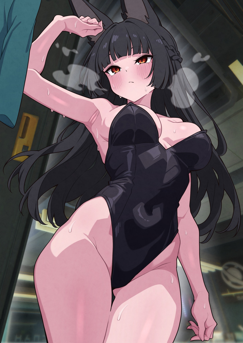 1girl, absurdres, alternate_costume, animal_ear_fluff, animal_ears, armpits, black_hair, black_leotard