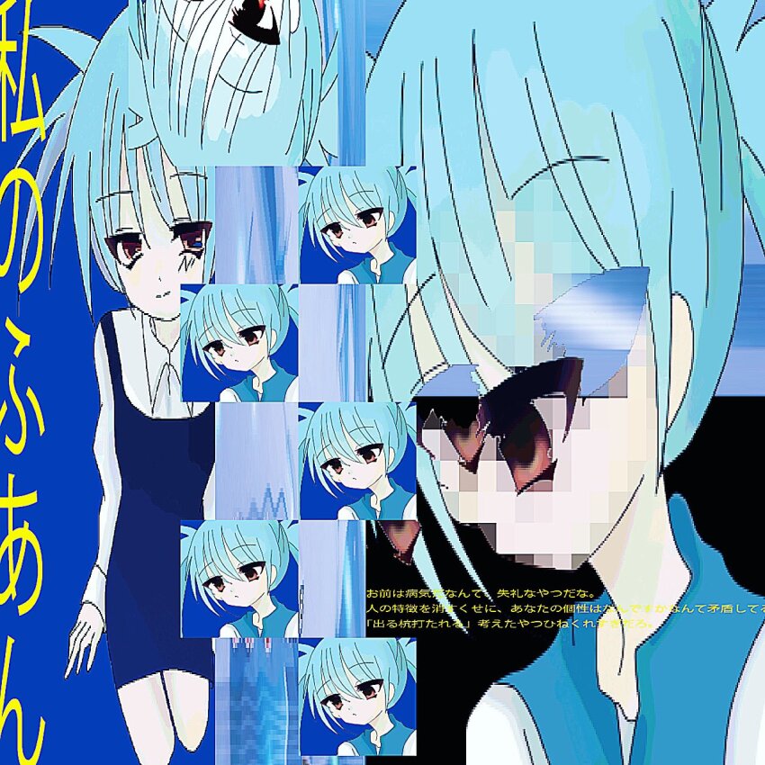 7aka_tko, blue_dress, blue_hair, collared_shirt, dress, expressionless, highres, light_smile