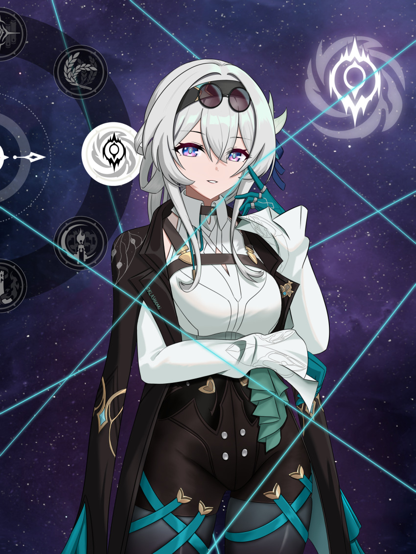 1girl, absurdres, aqua_gloves, black_hairband, black_jacket, breasts, commentary_request, cosplay