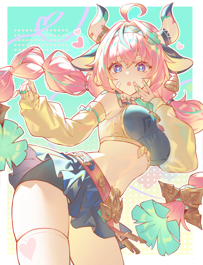 1girl, absurdres, ahoge, animal_ears, aqua_bow, aqua_bowtie, aqua_hair, bandaid, bandaid_on_cheek, bandaid_on_face, bandaid_on_horn, bell, bell_earrings, black_skirt, bow, bowtie, braid, breasts, bright_pupils, cow_ears, cow_girl, cow_horns, cowbell, detached_sleeves, dogae, dot_nose, ear_bell, earrings, genshin_impact, gradient_background, hair_between_eyes, hair_ornament, hairband, heart, heart_print, highres, horns, jewelry, long_hair, low_twin_braids, medium_breasts, midriff, miniskirt, multicolored_hair, multicolored_hairband, multiple_rings, navel, pink_hair, print_thighhighs, purple_eyes, red_bow, red_bowtie, ring, single_thighhigh, skirt, solo, streaked_hair, surprised, tattoo, thighhighs, twin_braids, two-tone_bow, two-tone_bowtie, varesa_(genshin_impact), very_long_hair, white_horns, x_hair_ornament, yellow_sleeves