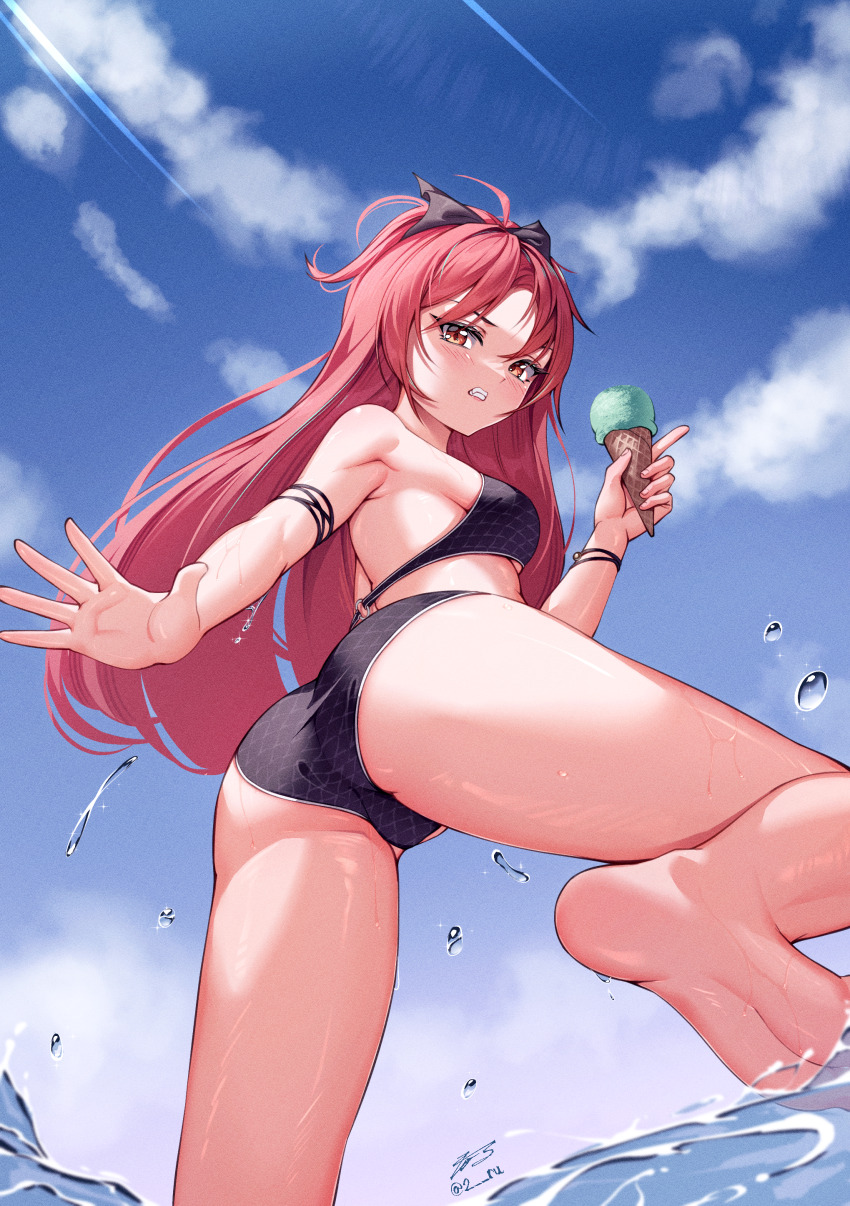 1girl, 2_ru, absurdres, ahoge, armlet, ass, bare_arms, bare_legs