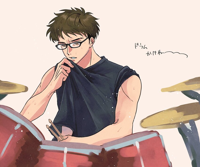 1boy, bare_arms, black-framed_eyewear, black_hair, black_shirt, brown_eyes, brown_hair, clothes_lift