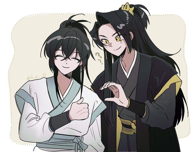 2boys, ?, black_hair, black_hanfu, blue_sash, chinese_clothes, closed_eyes, closed_mouth, dorong_(gam-sja), earrings, gold_earrings, half_updo, hanfu, heart_hands_failure, high_ponytail, jewelry, jinhongi, korean_commentary, long_hair, long_sleeves, looking_at_another, male_focus, multiple_boys, ponytail, sash, seol_young, smile, thumbs_up, upper_body, white_hanfu, xiao_guan_(headdress), yellow_eyes, yellow_sash, zaha