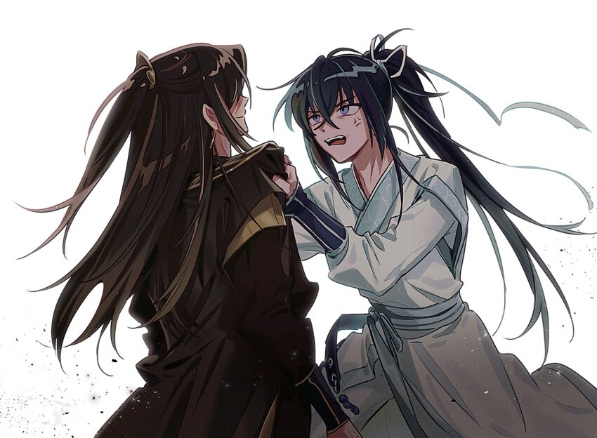 2boys, anger_vein, black_hair, black_hanfu, blue_eyes, blue_sash, brown_hair, chinese_clothes